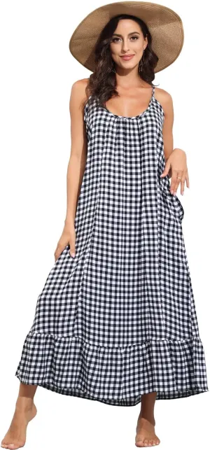 BUENOS NINOS Women's V Neck Floral Maxi Dress Boho Printed Adjustable Spaghetti Strap Ethnic Beach Long Dress with Pockets