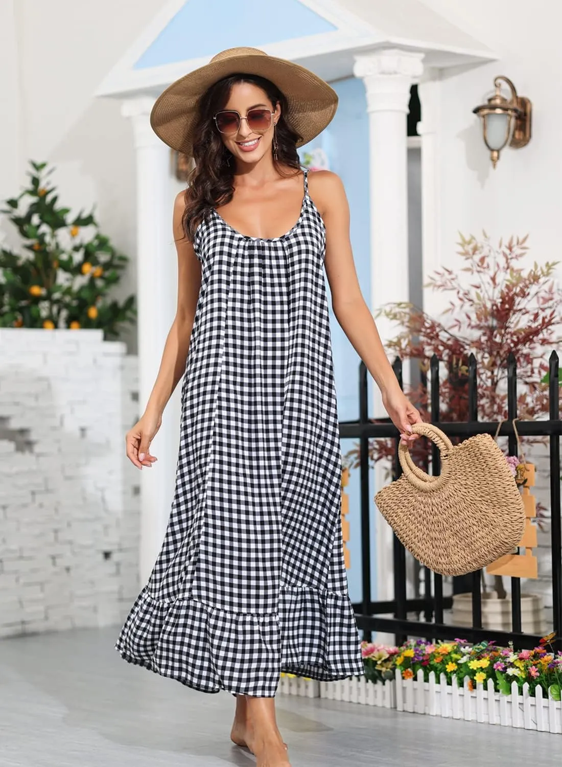 BUENOS NINOS Women's V Neck Floral Maxi Dress Boho Printed Adjustable Spaghetti Strap Ethnic Beach Long Dress with Pockets