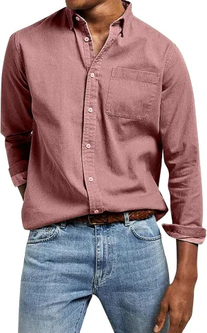 Button Down Shirt for Men Fashion Solid Lapel Long Sleeve Dress Shirts Casual Heavywegiht Untucked Blouse with Pocket