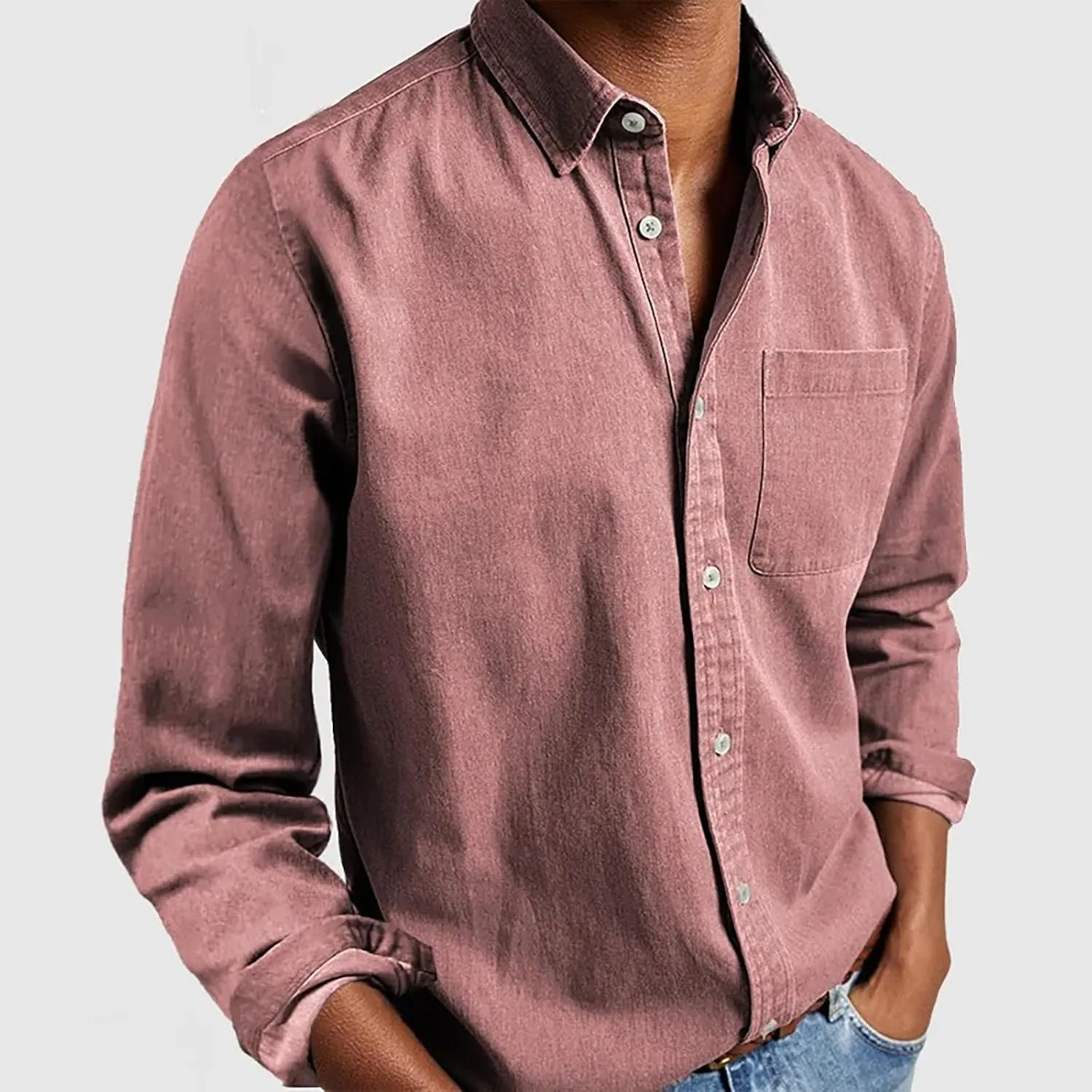 Button Down Shirt for Men Fashion Solid Lapel Long Sleeve Dress Shirts Casual Heavywegiht Untucked Blouse with Pocket