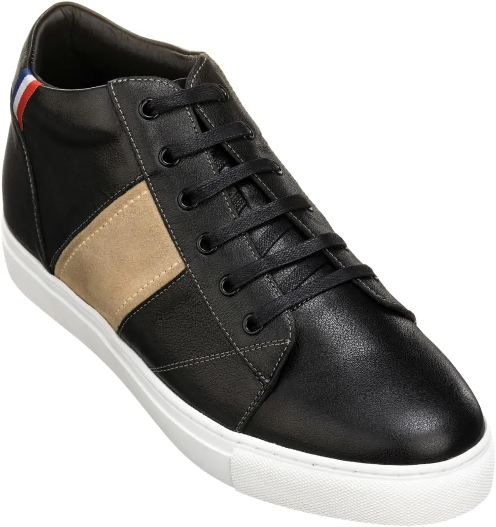 CALTO Men's Invisible Height Increasing Elevator Shoes - Black Leather Midtop Lace-up Casual Fashion Sneakers - 2.8 Inches Taller - K53100 - Size 7 D(M) US