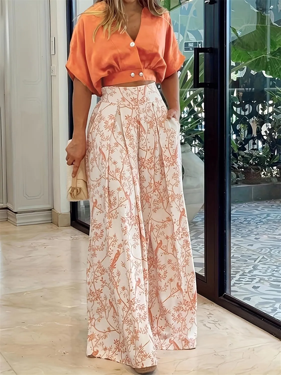 Canbebig Two Piece Summer Sets for Women Floral Outfits Short Sleeve Crop Tops and Wide Leg Boho Pants Sets Vacation Clothes
