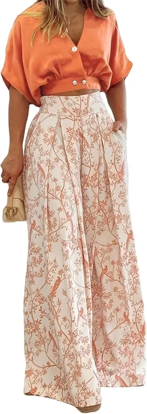Canbebig Two Piece Summer Sets for Women Floral Outfits Short Sleeve Crop Tops and Wide Leg Boho Pants Sets Vacation Clothes