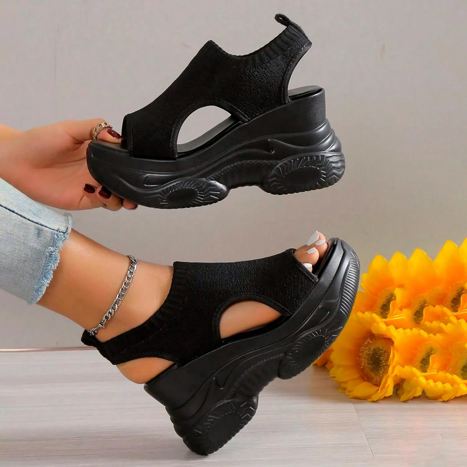 Casual 2024 Wedge Sandals for Women Spring Sports Summer Breathable Sexy Dressy Thick Sole Trendy Peep Toe Cute Mesh