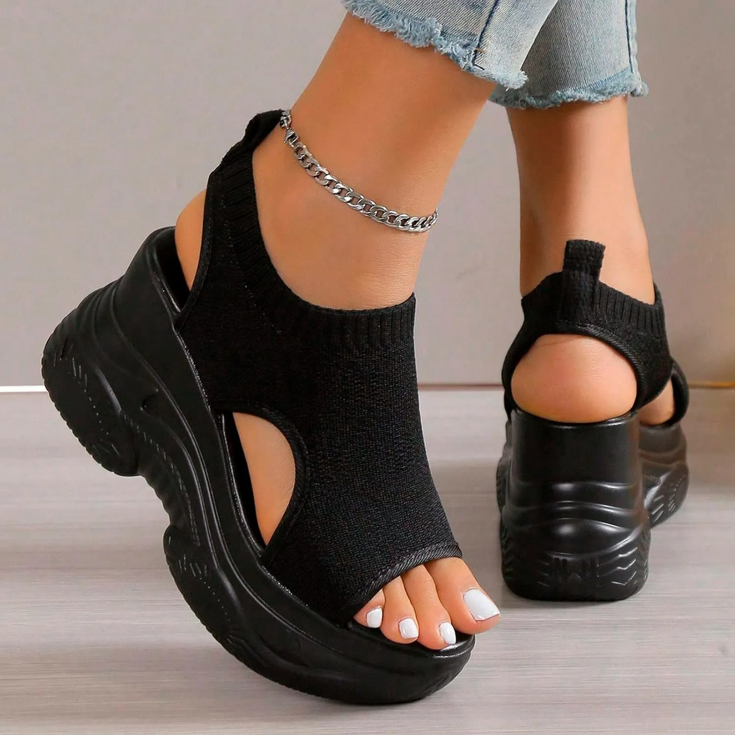 Casual 2024 Wedge Sandals for Women Spring Sports Summer Breathable Sexy Dressy Thick Sole Trendy Peep Toe Cute Mesh