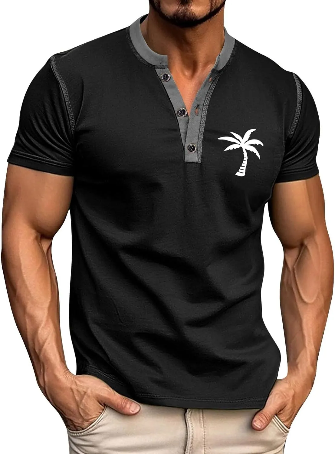 Casual Henley Shirts for Men Classic Button Cotton Short Sleeve Graphic T-Shirt Summer Basic Lightweight Sports Tees