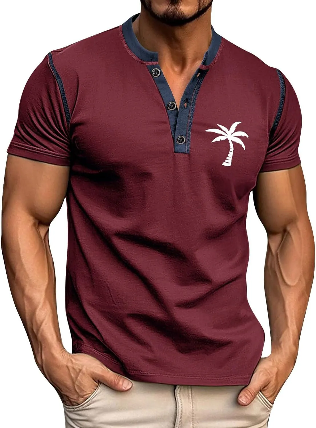 Casual Henley Shirts for Men Classic Button Cotton Short Sleeve Graphic T-Shirt Summer Basic Lightweight Sports Tees