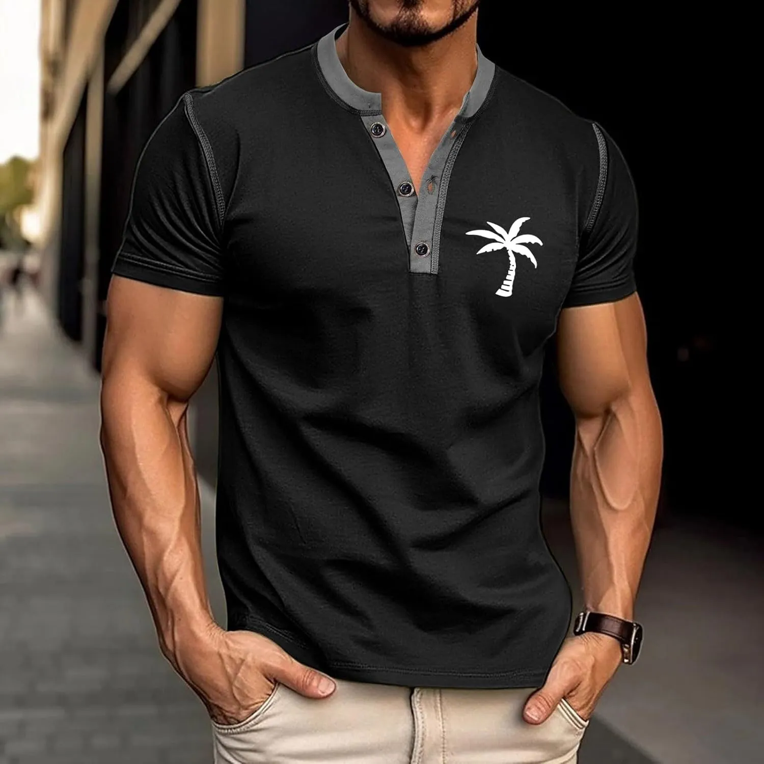 Casual Henley Shirts for Men Classic Button Cotton Short Sleeve Graphic T-Shirt Summer Basic Lightweight Sports Tees