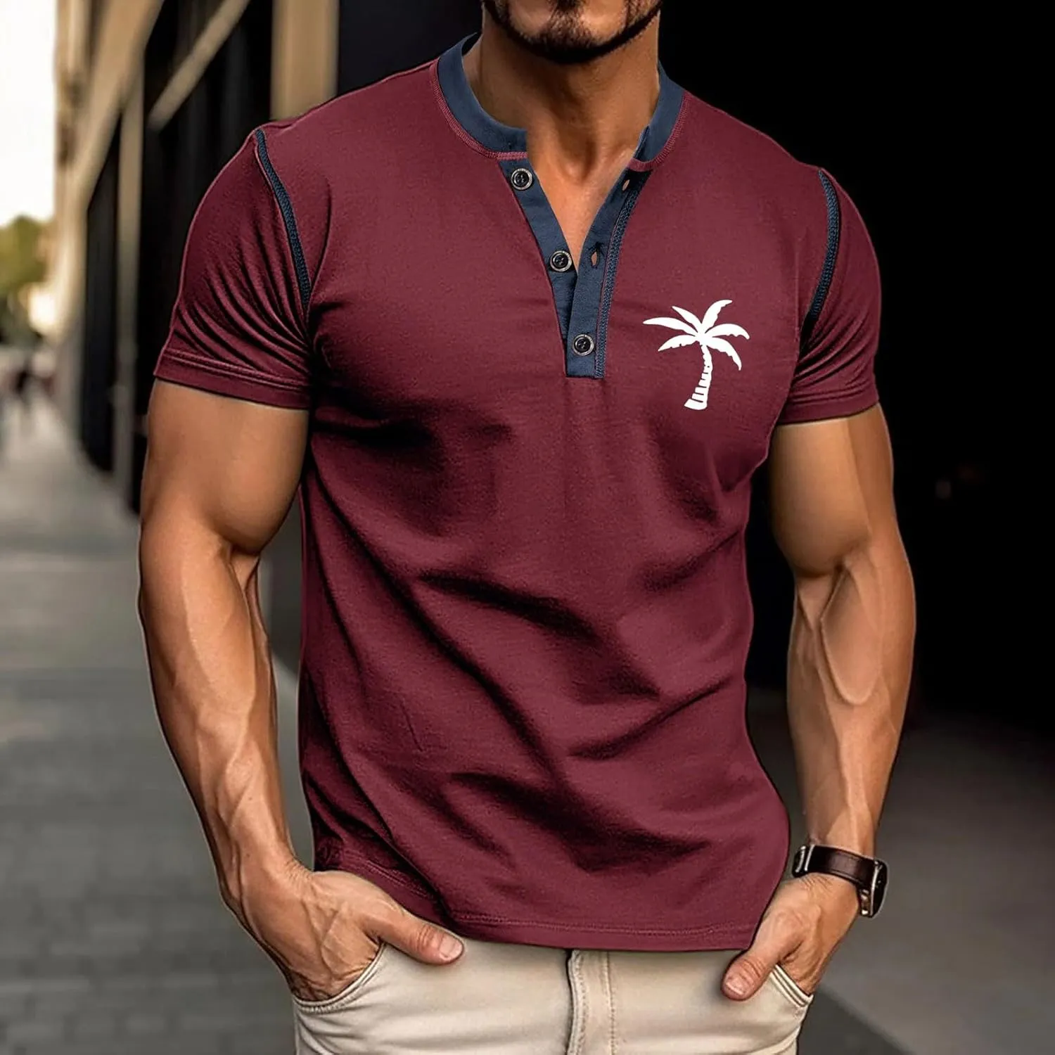 Casual Henley Shirts for Men Classic Button Cotton Short Sleeve Graphic T-Shirt Summer Basic Lightweight Sports Tees