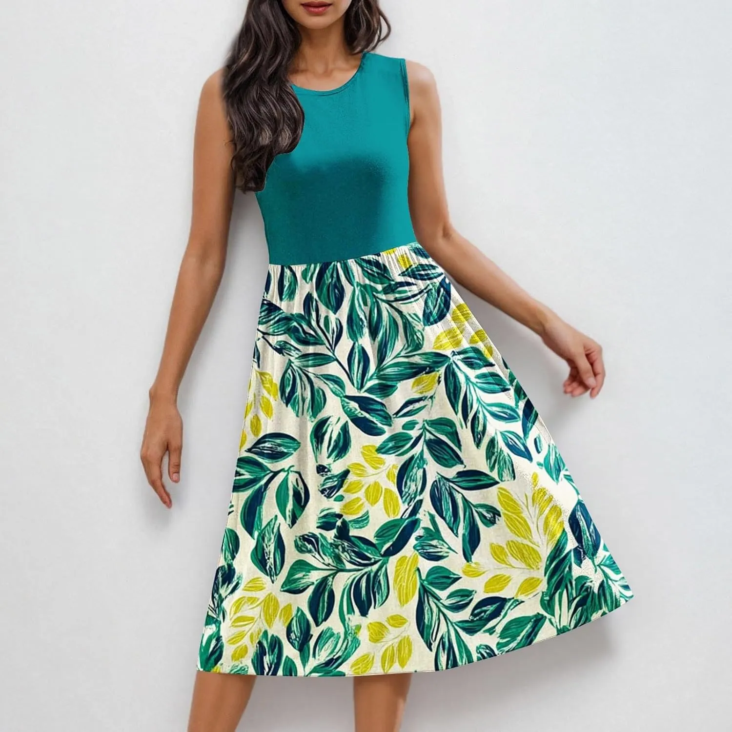 Casual Sun Dresses for Women Summer Trendy Crewneck Sleeveless Vacation Dresses A-Line Maxi Dress with Pockets