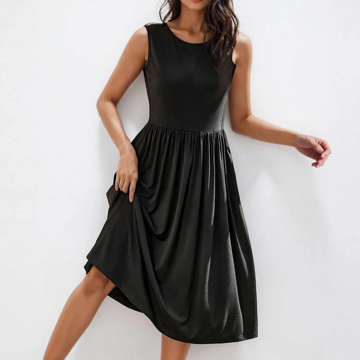 Casual Sun Dresses for Women Summer Trendy Crewneck Sleeveless Vacation Dresses A-Line Maxi Dress with Pockets