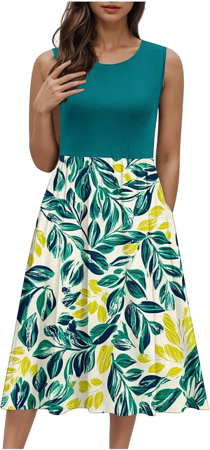 Casual Sun Dresses for Women Summer Trendy Crewneck Sleeveless Vacation Dresses A-Line Maxi Dress with Pockets
