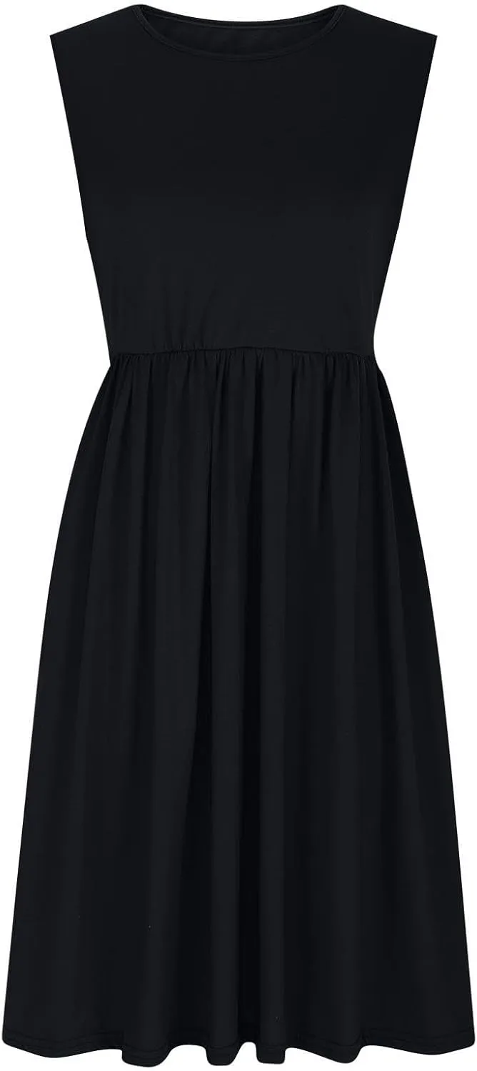 Casual Sun Dresses for Women Summer Trendy Crewneck Sleeveless Vacation Dresses A-Line Maxi Dress with Pockets