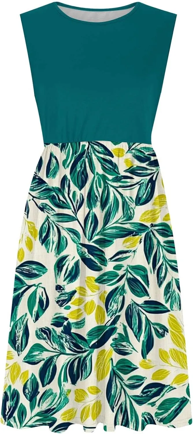 Casual Sun Dresses for Women Summer Trendy Crewneck Sleeveless Vacation Dresses A-Line Maxi Dress with Pockets