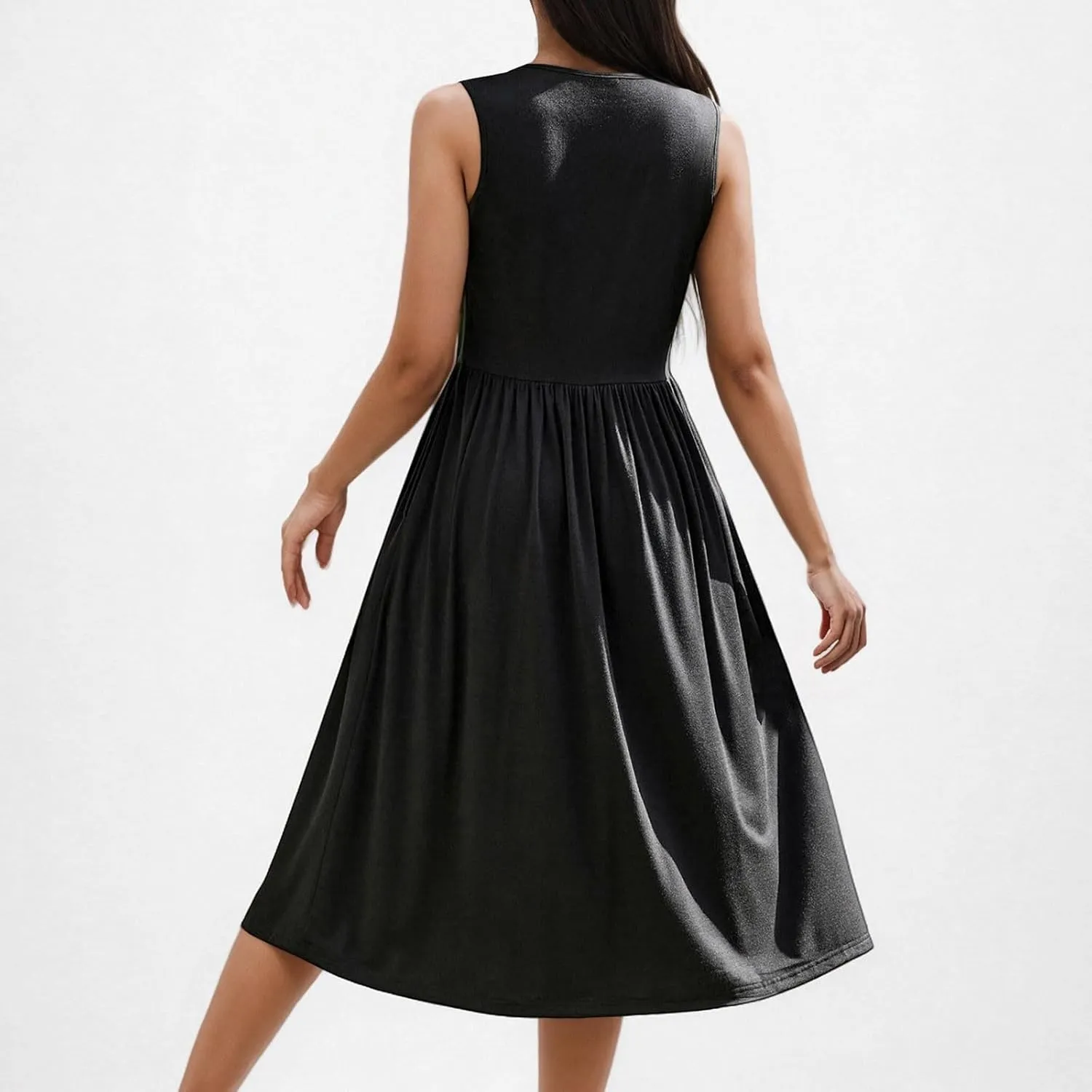 Casual Sun Dresses for Women Summer Trendy Crewneck Sleeveless Vacation Dresses A-Line Maxi Dress with Pockets