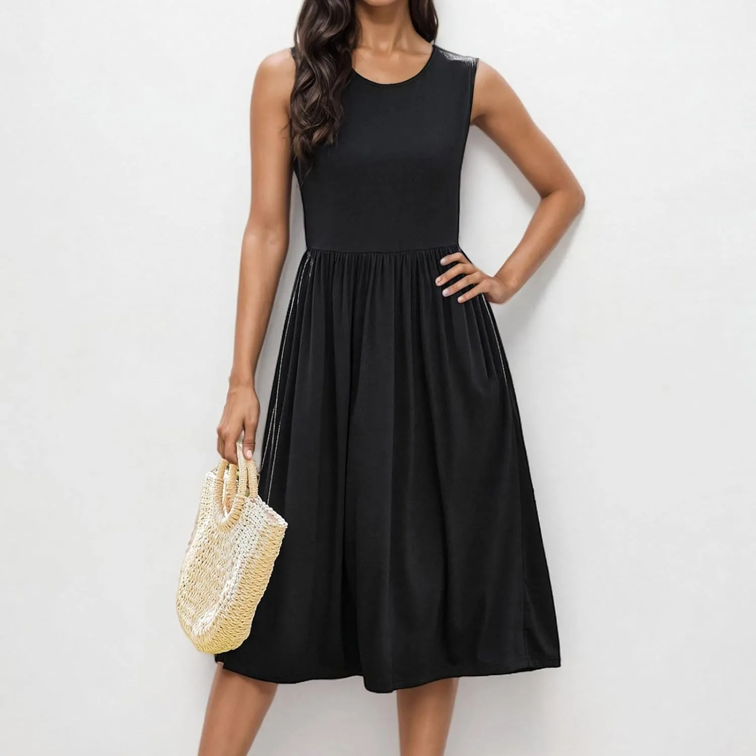 Casual Sun Dresses for Women Summer Trendy Crewneck Sleeveless Vacation Dresses A-Line Maxi Dress with Pockets