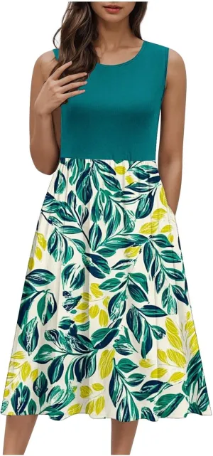 Casual Sun Dresses for Women Summer Trendy Crewneck Sleeveless Vacation Dresses A-Line Maxi Dress with Pockets