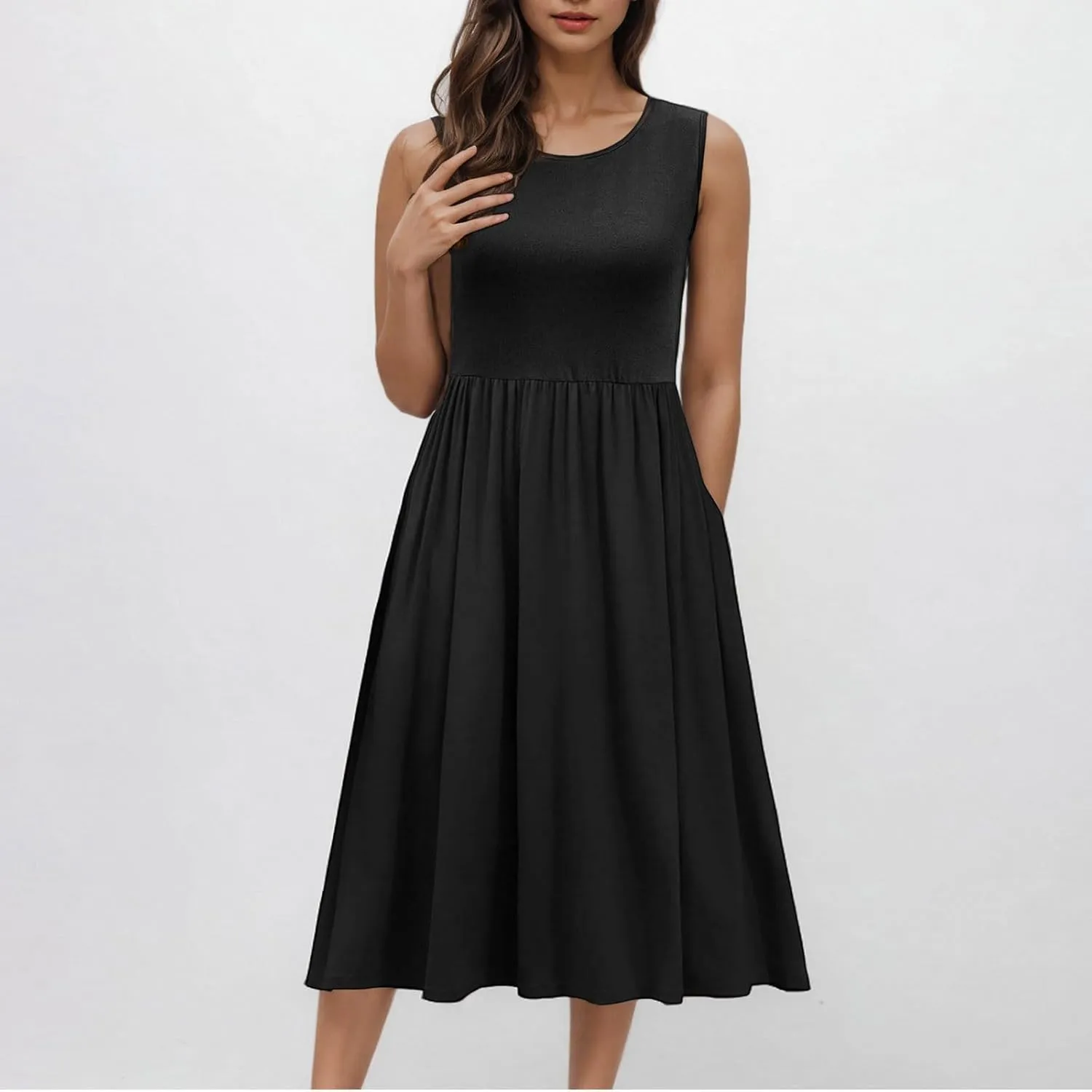 Casual Sun Dresses for Women Summer Trendy Crewneck Sleeveless Vacation Dresses A-Line Maxi Dress with Pockets