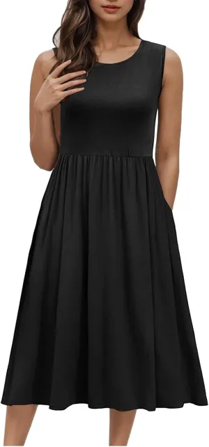 Casual Sun Dresses for Women Summer Trendy Crewneck Sleeveless Vacation Dresses A-Line Maxi Dress with Pockets