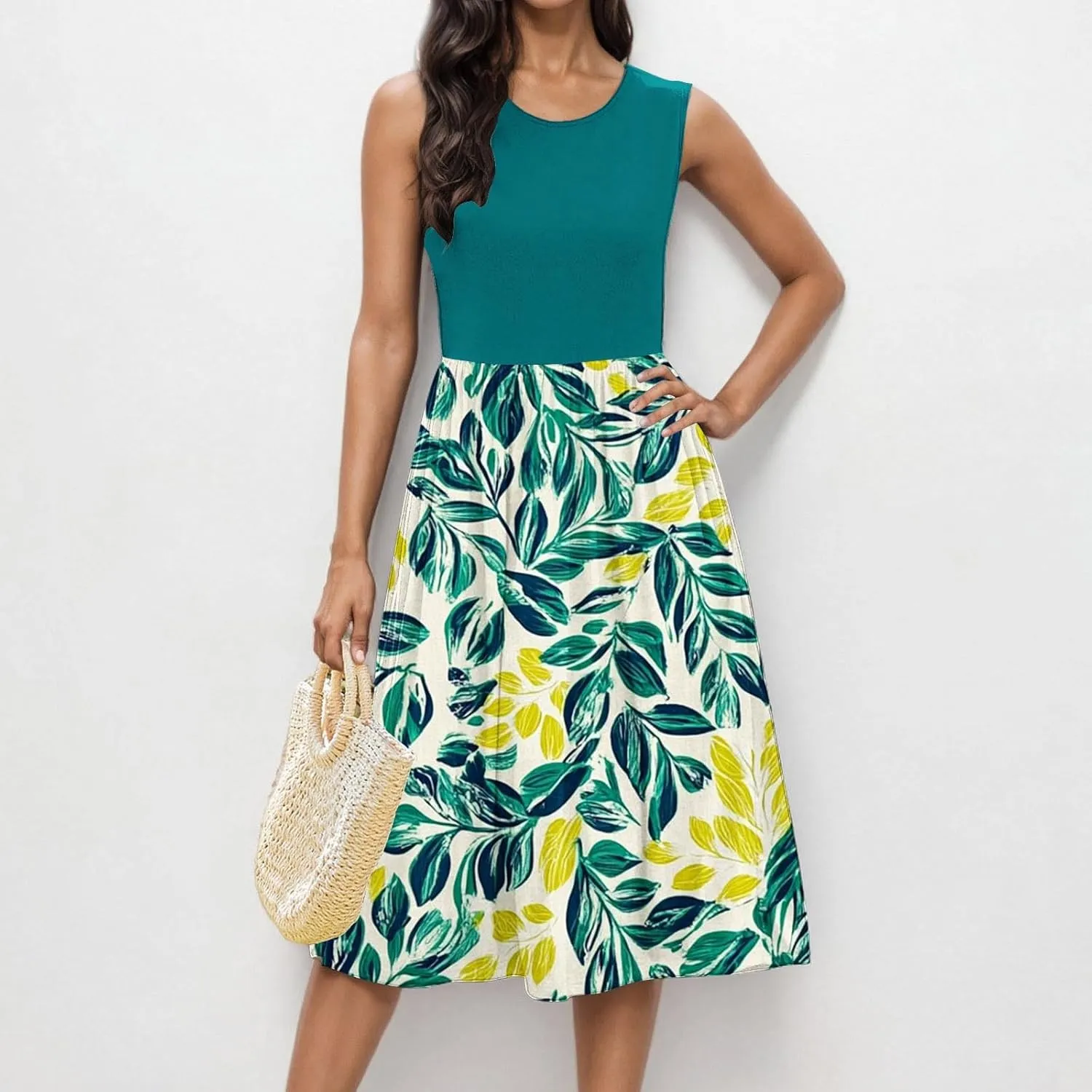Casual Sun Dresses for Women Summer Trendy Crewneck Sleeveless Vacation Dresses A-Line Maxi Dress with Pockets