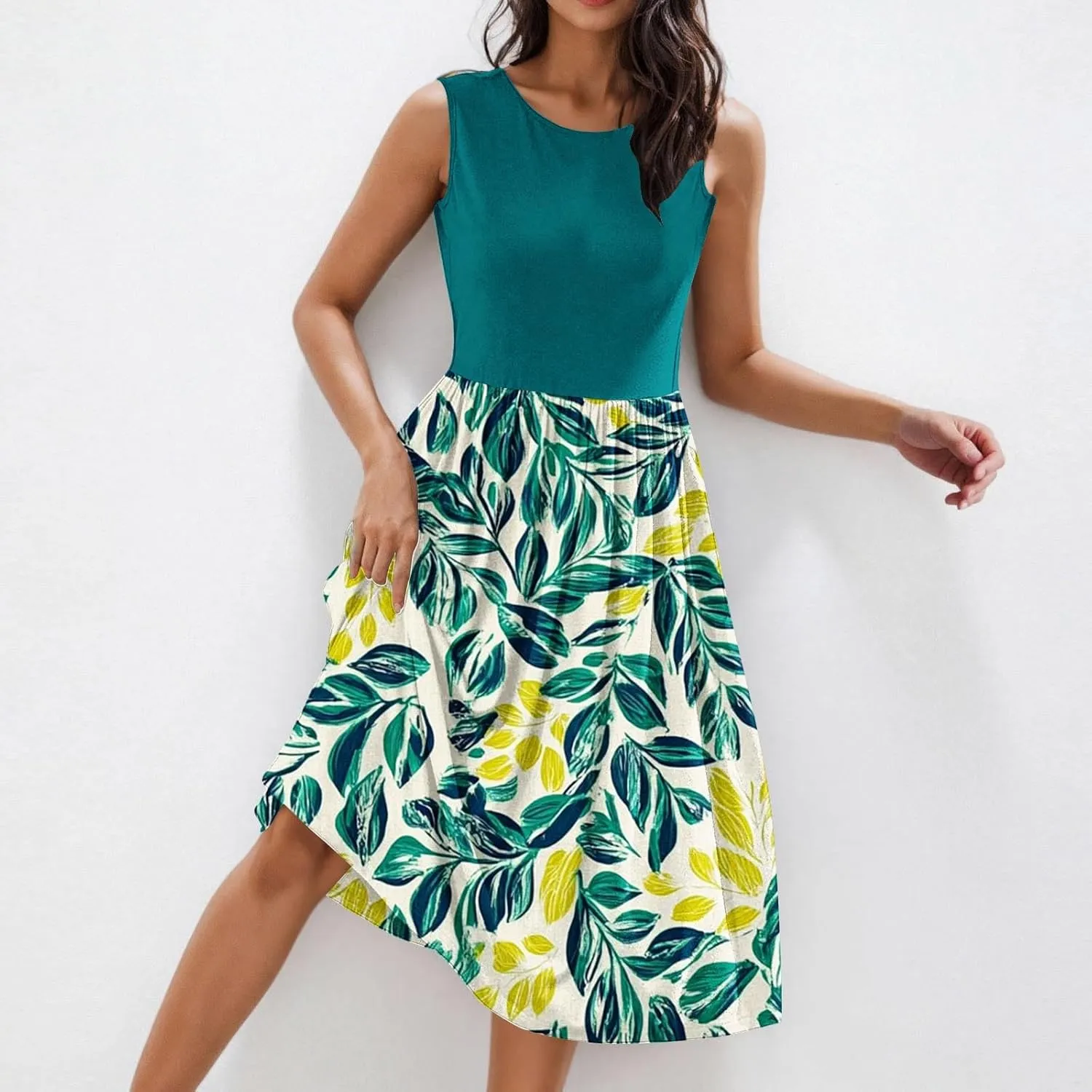 Casual Sun Dresses for Women Summer Trendy Crewneck Sleeveless Vacation Dresses A-Line Maxi Dress with Pockets