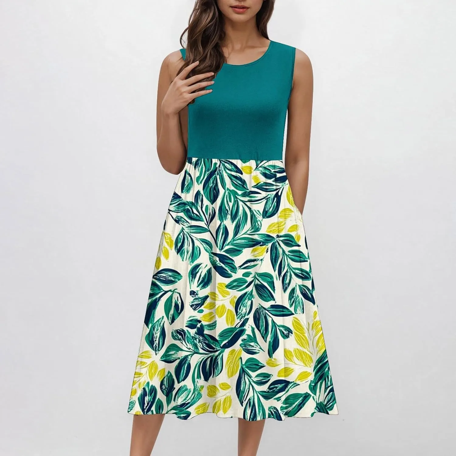 Casual Sun Dresses for Women Summer Trendy Crewneck Sleeveless Vacation Dresses A-Line Maxi Dress with Pockets