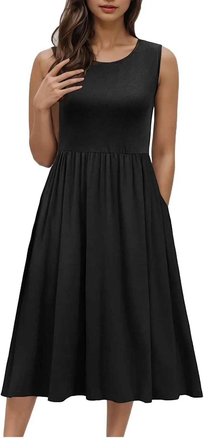Casual Sun Dresses for Women Summer Trendy Crewneck Sleeveless Vacation Dresses A-Line Maxi Dress with Pockets