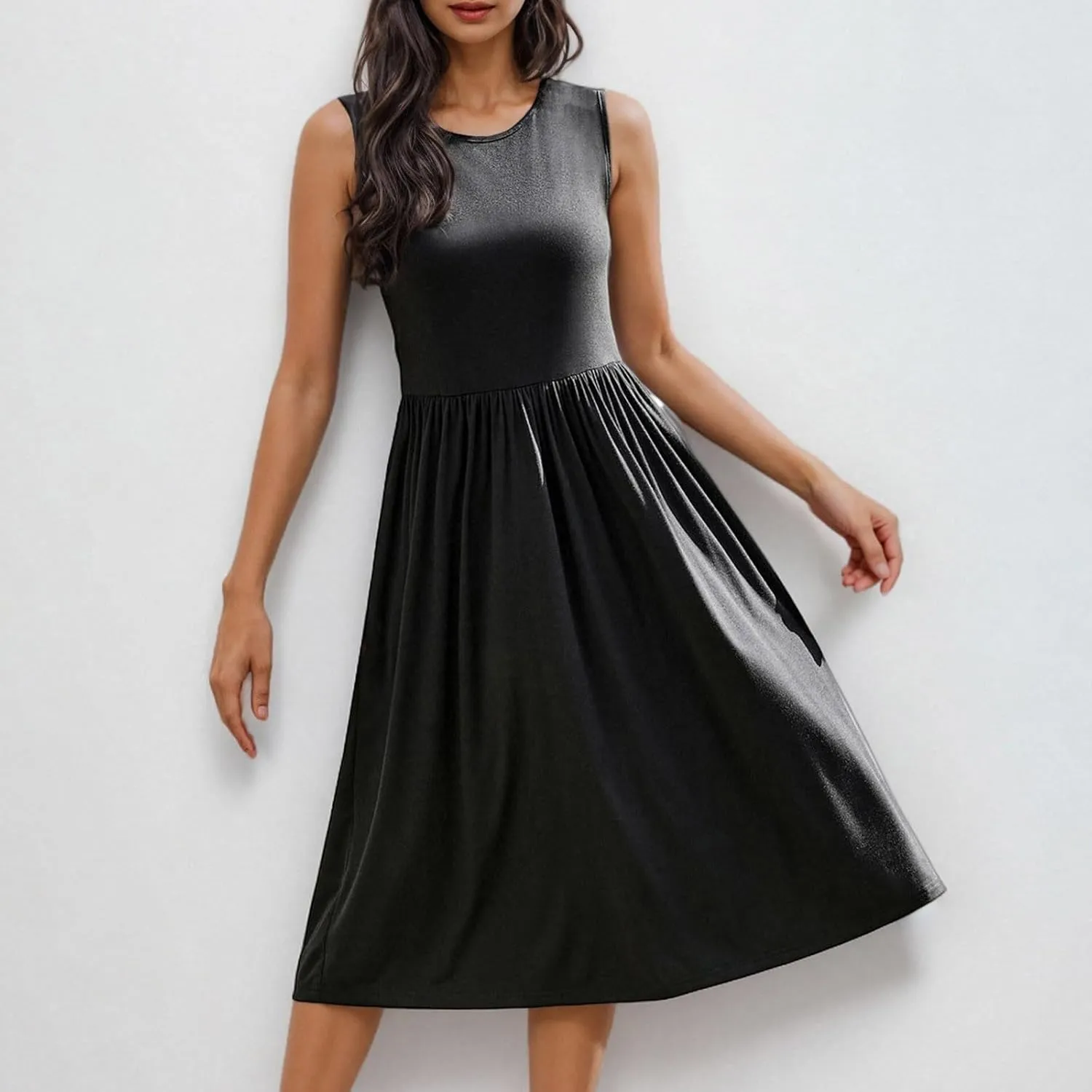 Casual Sun Dresses for Women Summer Trendy Crewneck Sleeveless Vacation Dresses A-Line Maxi Dress with Pockets