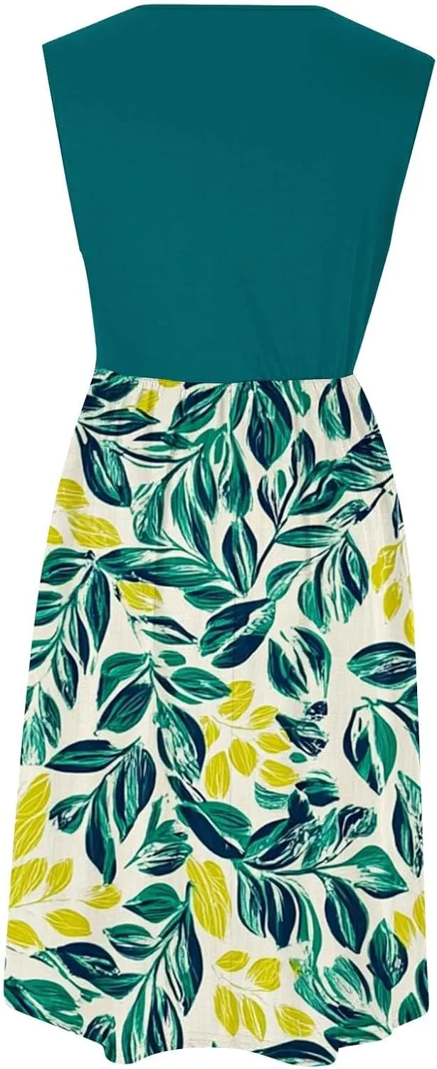 Casual Sun Dresses for Women Summer Trendy Crewneck Sleeveless Vacation Dresses A-Line Maxi Dress with Pockets