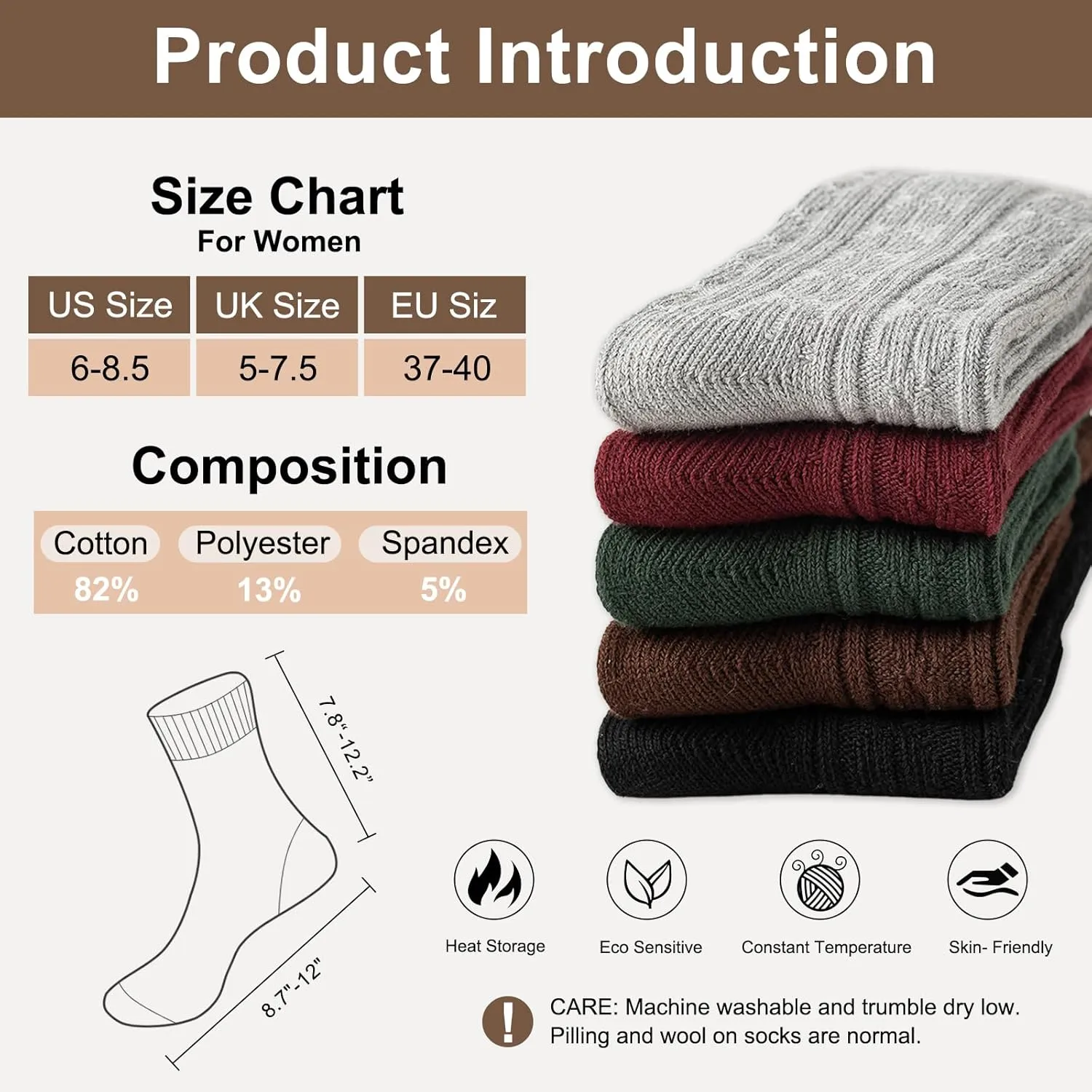 Caudblor 5Pack Winter Cotton Crew Sock For Women