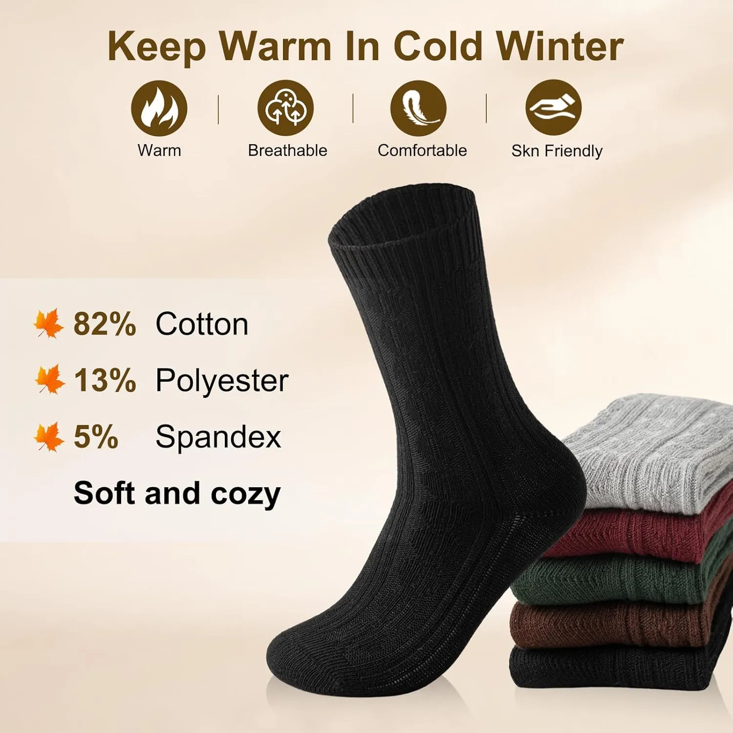 Caudblor 5Pack Winter Cotton Crew Sock For Women