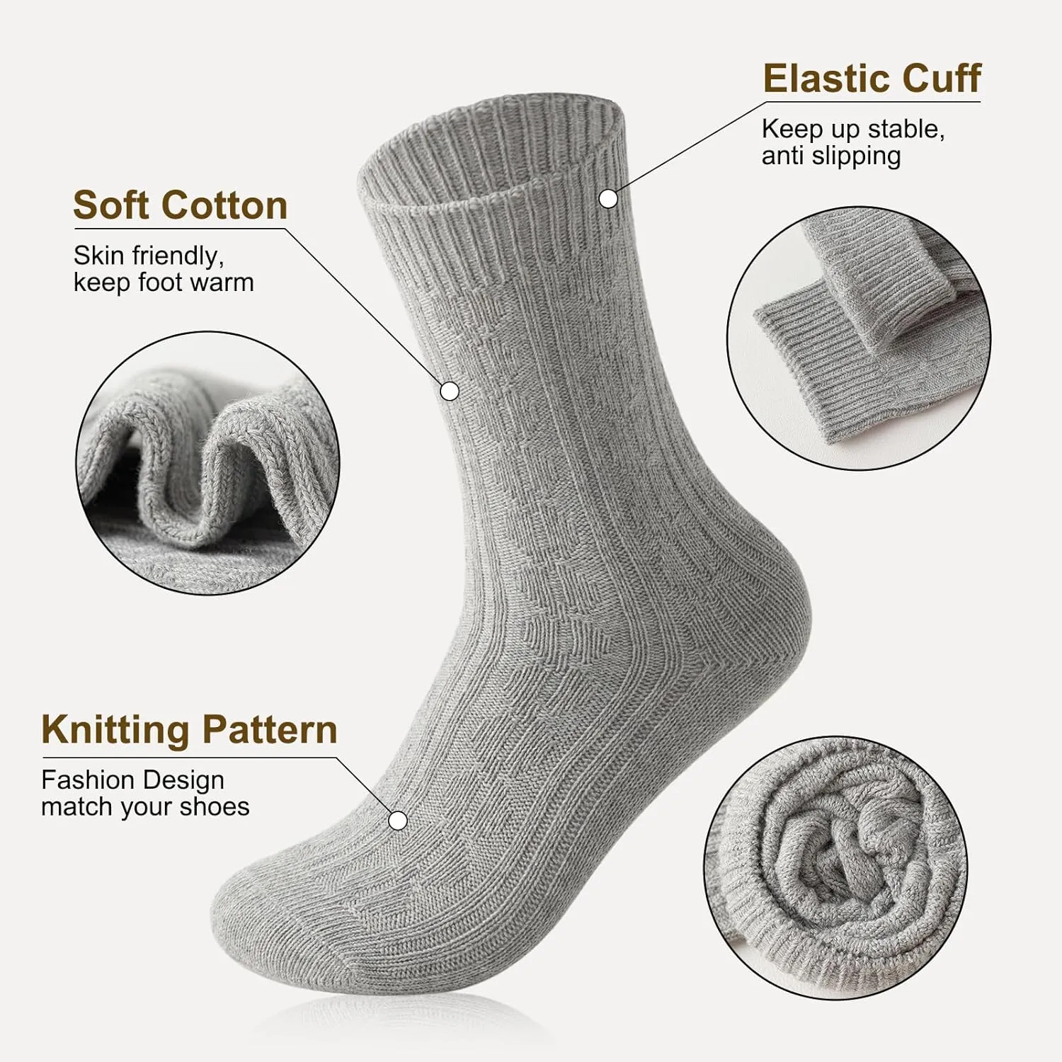 Caudblor 5Pack Winter Cotton Crew Sock For Women