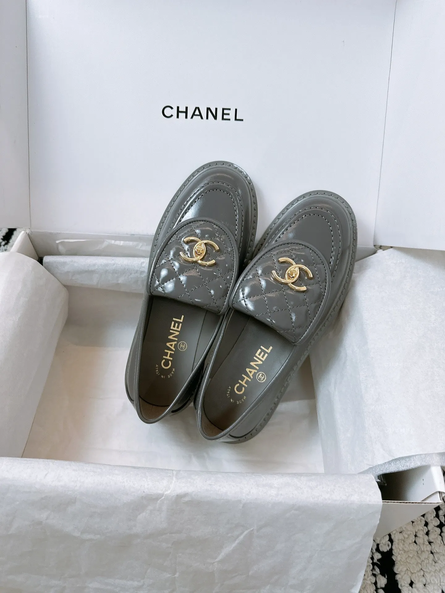 CC Moccasins 25mm In Grey Glossy Lambskin 144641