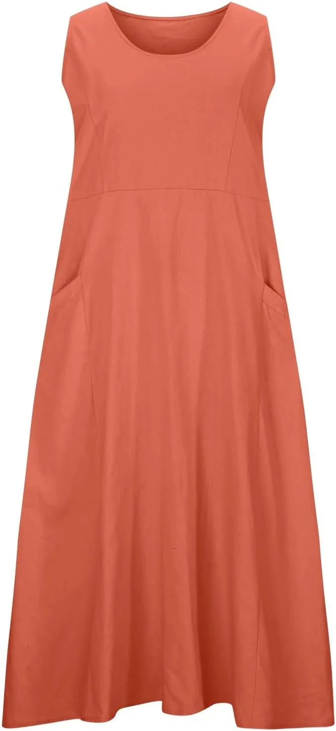 Ceboyel Women 2023 Solid Color Linen Dress Causal Summer Sun Dress Flowy Sleeveless Sundress Trendy Beach Maxi Long Dresses