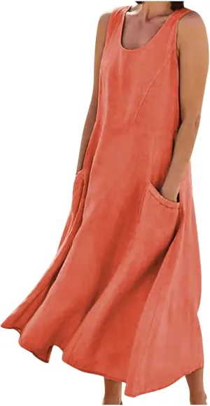 Ceboyel Women 2023 Solid Color Linen Dress Causal Summer Sun Dress Flowy Sleeveless Sundress Trendy Beach Maxi Long Dresses