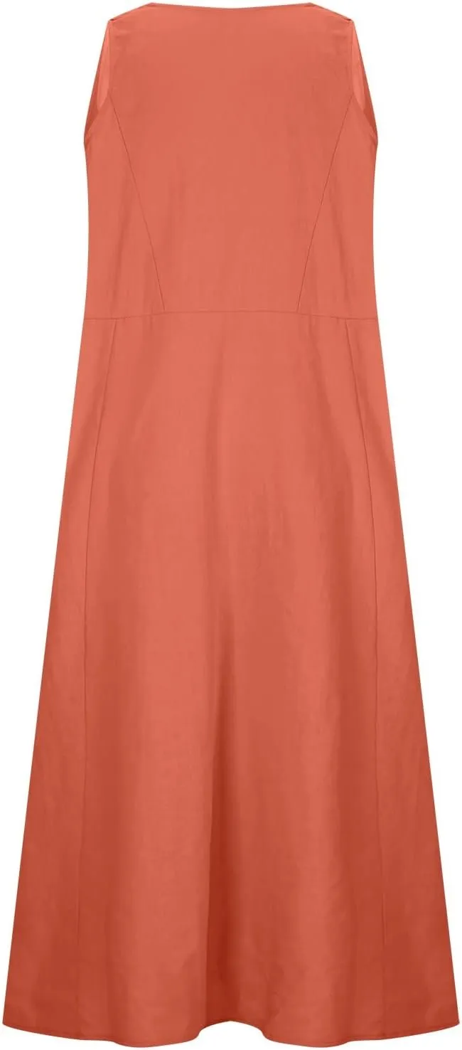 Ceboyel Women 2023 Solid Color Linen Dress Causal Summer Sun Dress Flowy Sleeveless Sundress Trendy Beach Maxi Long Dresses
