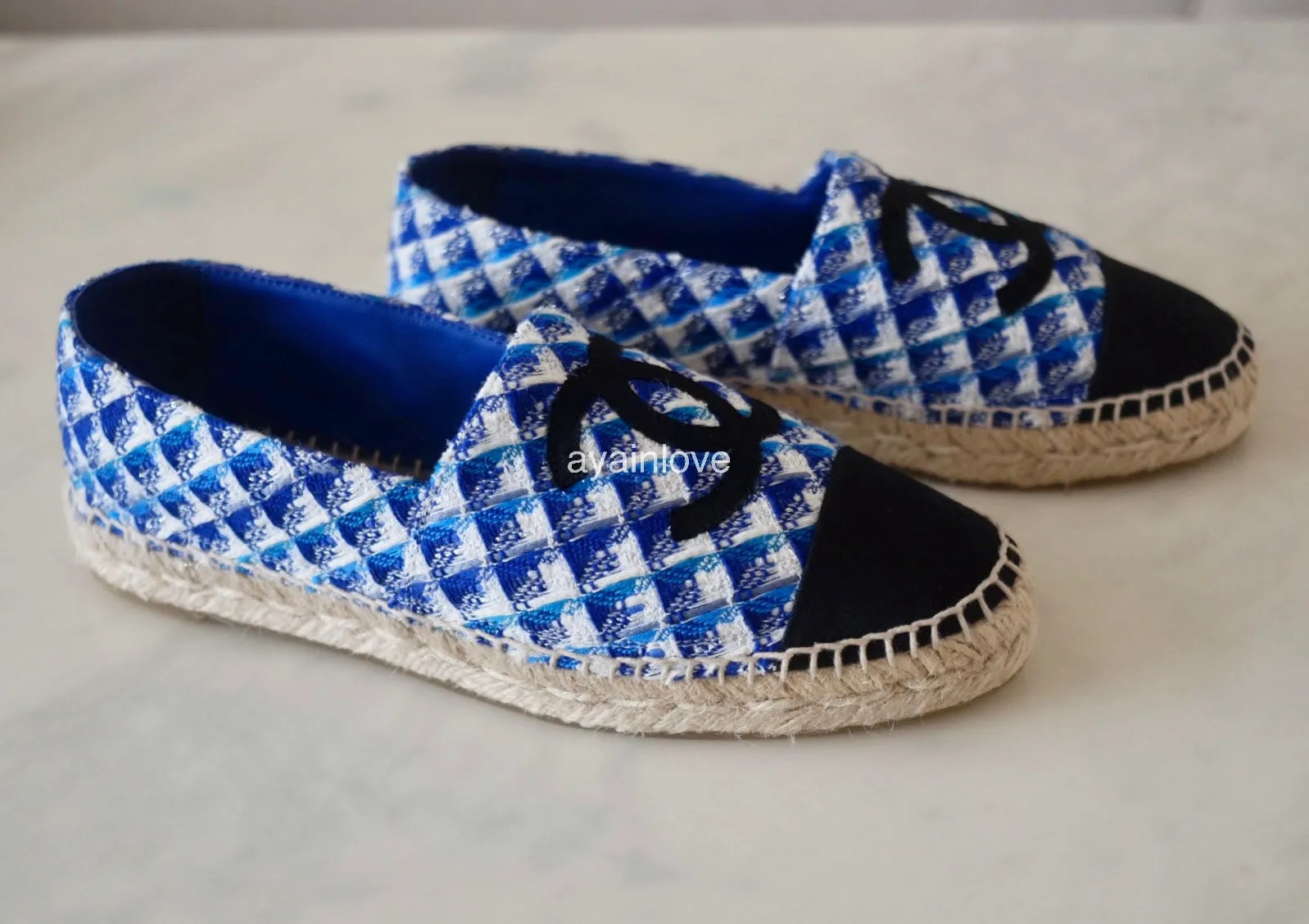 CHANEL 19C Multicolour Blue Black White Tweed Espadrilles Shoes Size 38 EU
