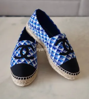 CHANEL 19C Multicolour Blue Black White Tweed Espadrilles Shoes Size 38 EU