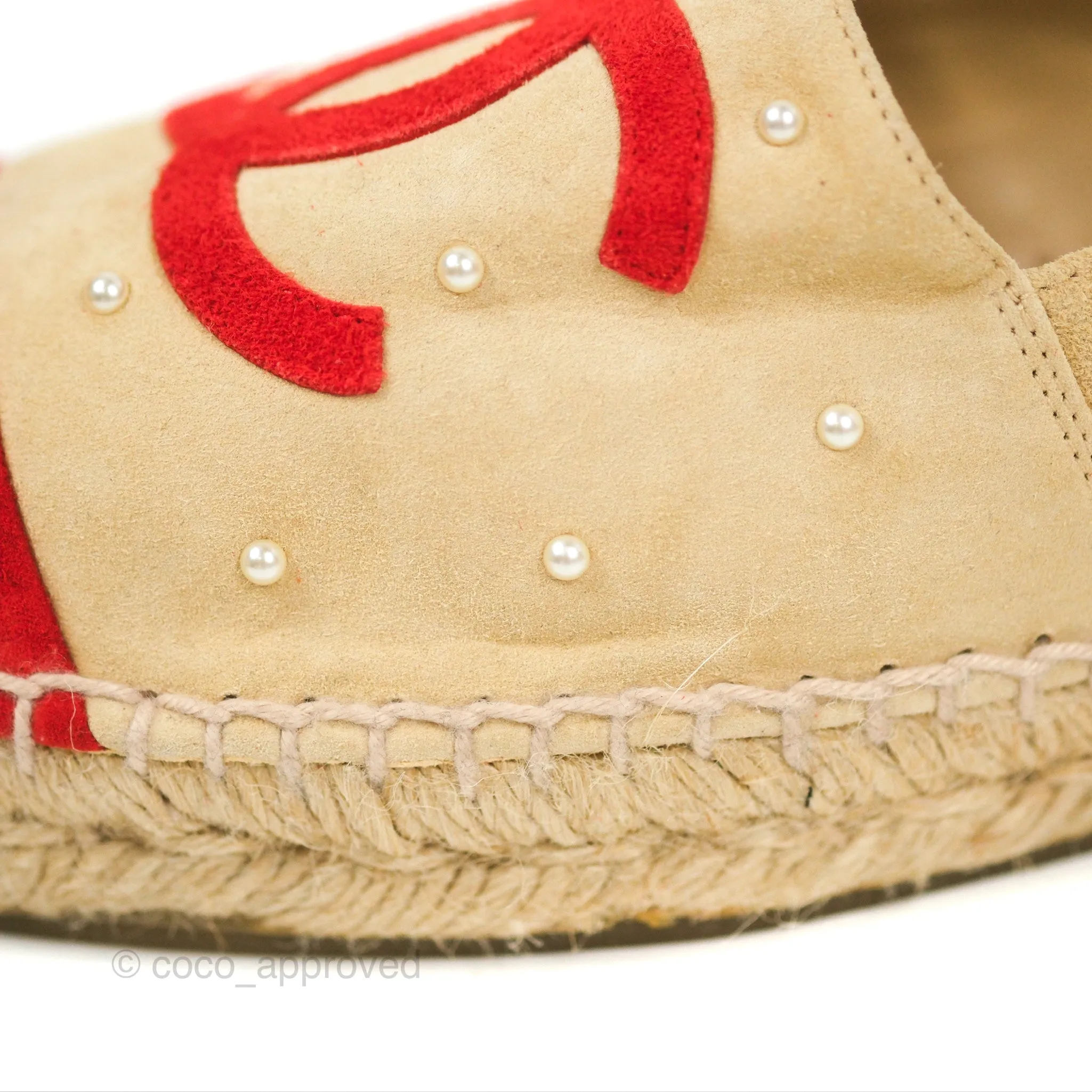 Chanel CC Beige Red Espadrilles with Pearl Size 39