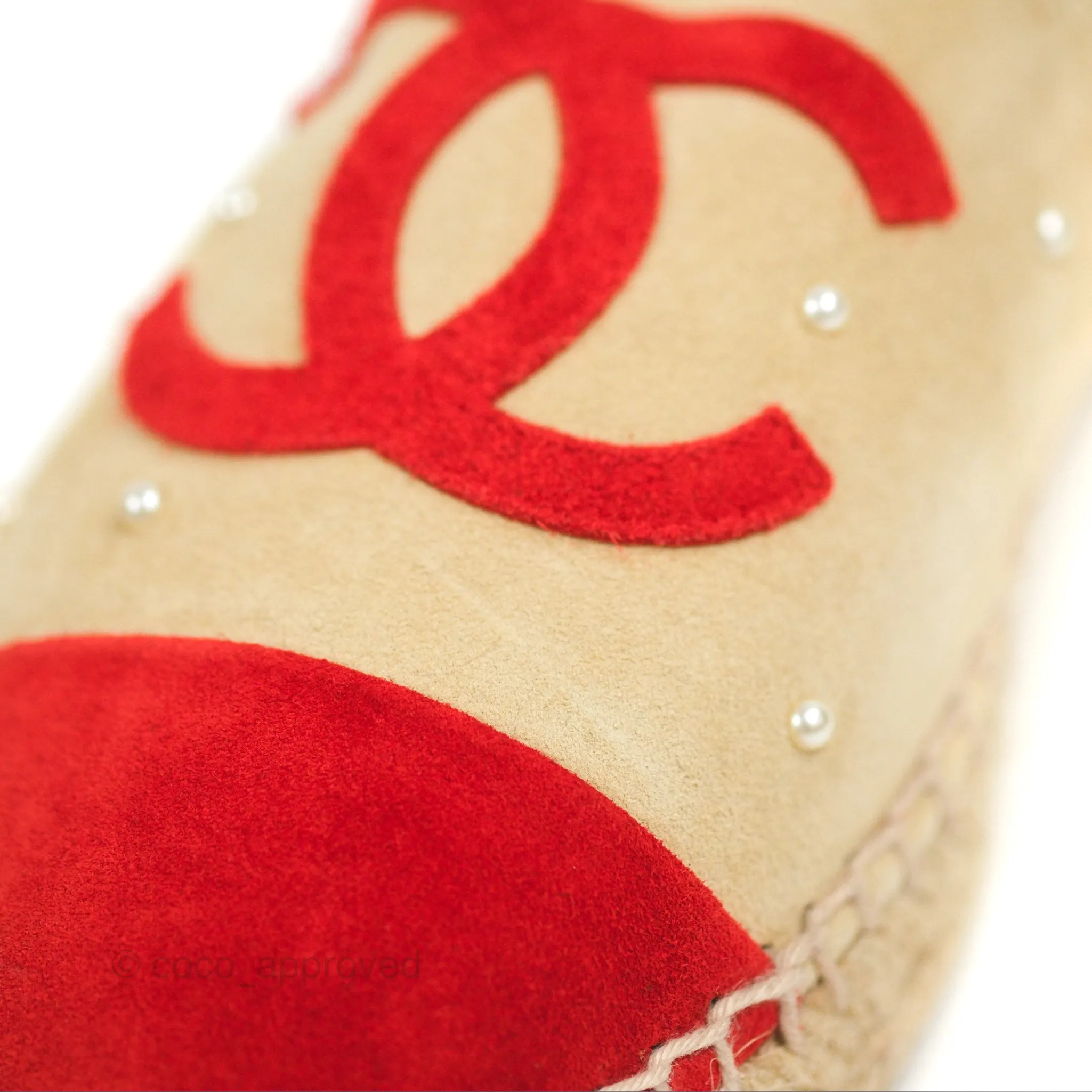 Chanel CC Beige Red Espadrilles with Pearl Size 39