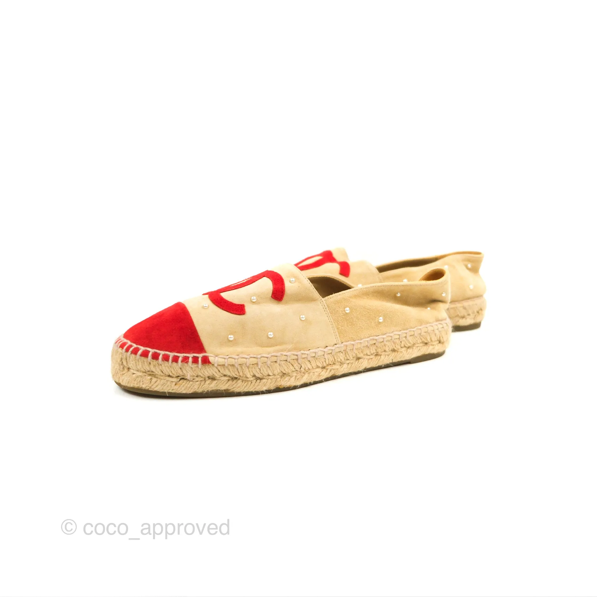 Chanel CC Beige Red Espadrilles with Pearl Size 39