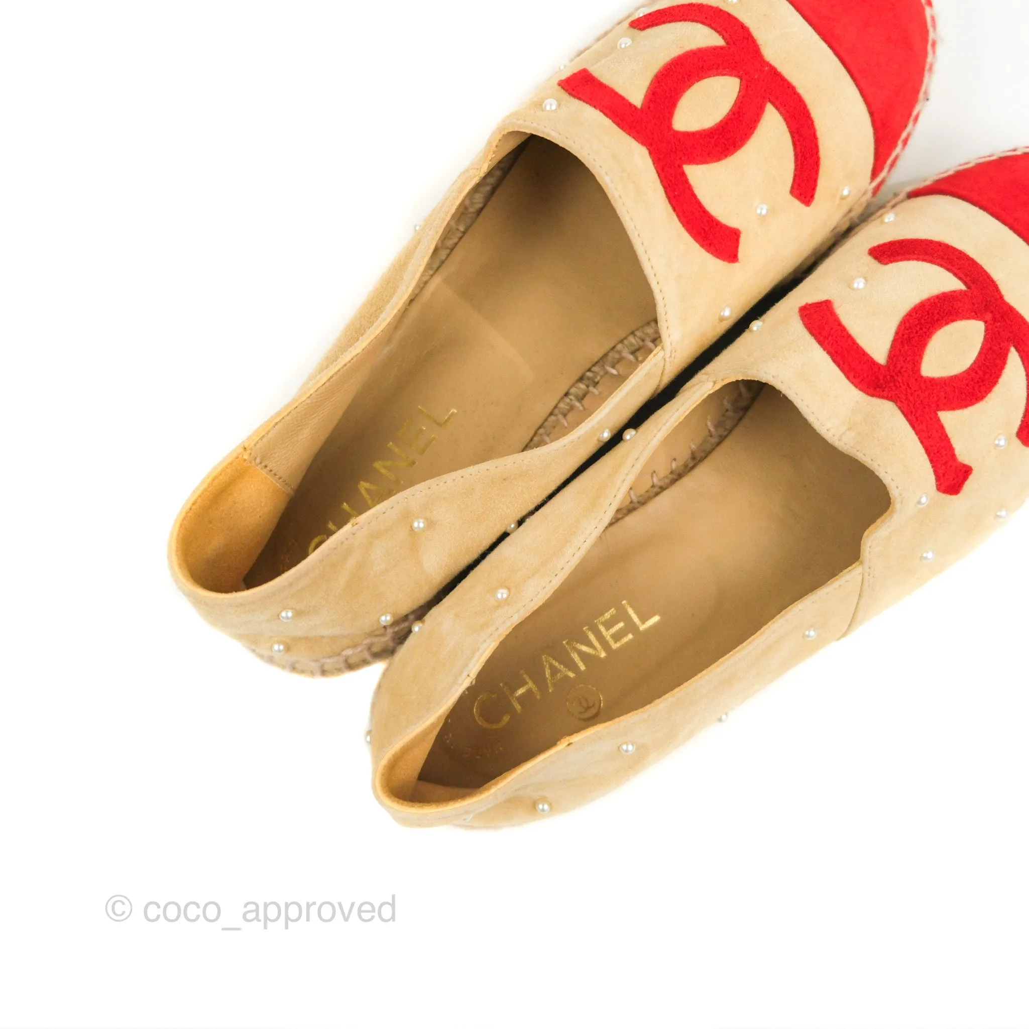 Chanel CC Beige Red Espadrilles with Pearl Size 39