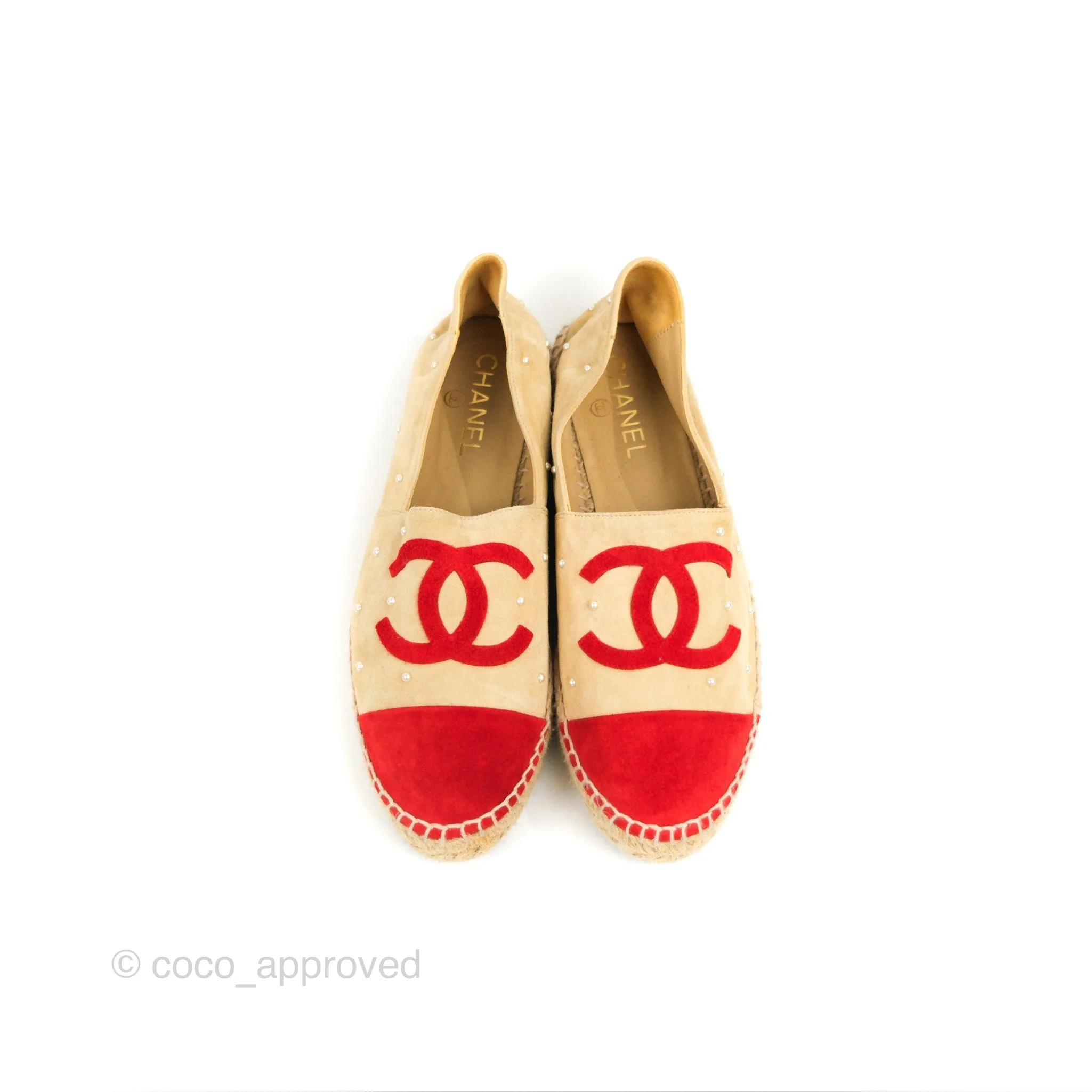 Chanel CC Beige Red Espadrilles with Pearl Size 39