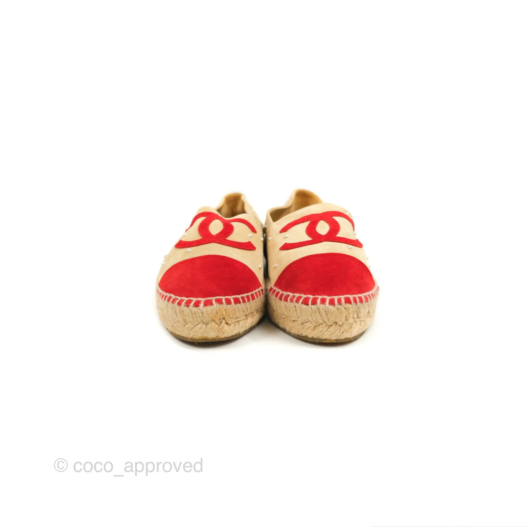 Chanel CC Beige Red Espadrilles with Pearl Size 39