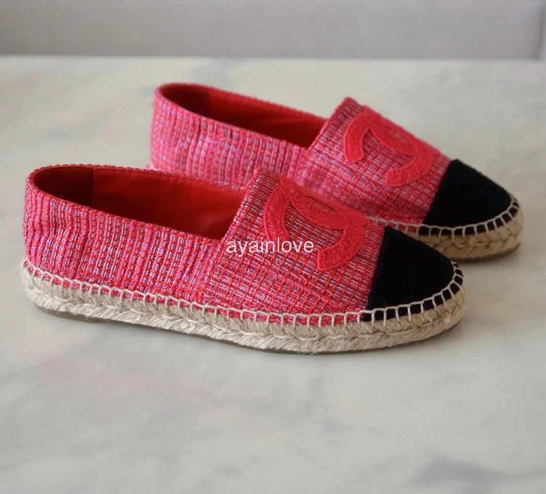 CHANEL Red Black Tweed Espadrilles Shoes Size 38 EU