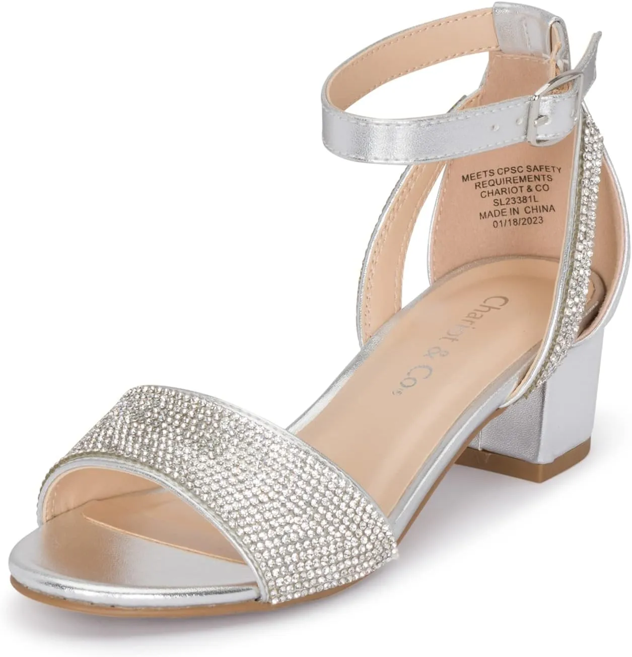Chariot & Co -Slide-IIS- Girls/Kids/Children Rhinestone Open Toe Ankle Strap Block Party/Event/Dance Heeled Sandals