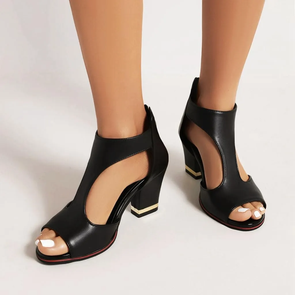 Chunky High Heels Sandals For Womens Peep Toe T-strap Cutout Back Zipper Comfy Dress Heeled Sandals