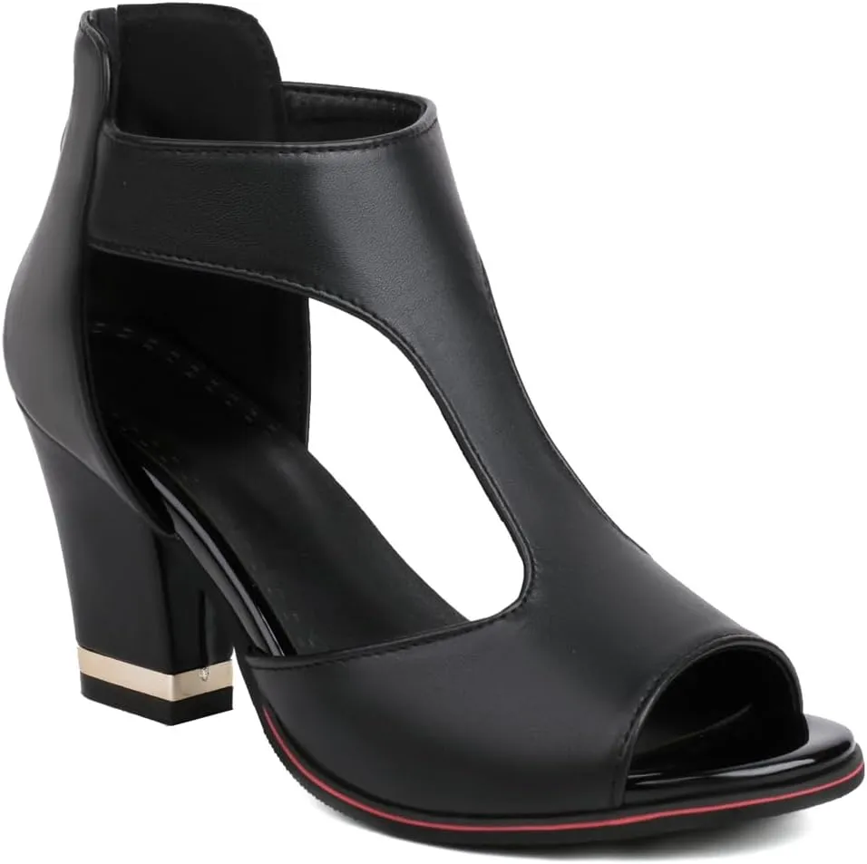 Chunky High Heels Sandals For Womens Peep Toe T-strap Cutout Back Zipper Comfy Dress Heeled Sandals