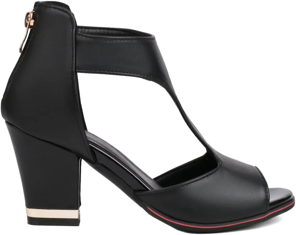 Chunky High Heels Sandals For Womens Peep Toe T-strap Cutout Back Zipper Comfy Dress Heeled Sandals