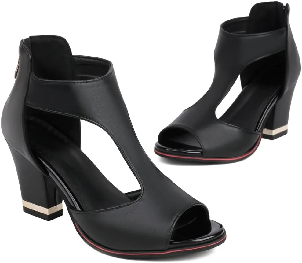 Chunky High Heels Sandals For Womens Peep Toe T-strap Cutout Back Zipper Comfy Dress Heeled Sandals
